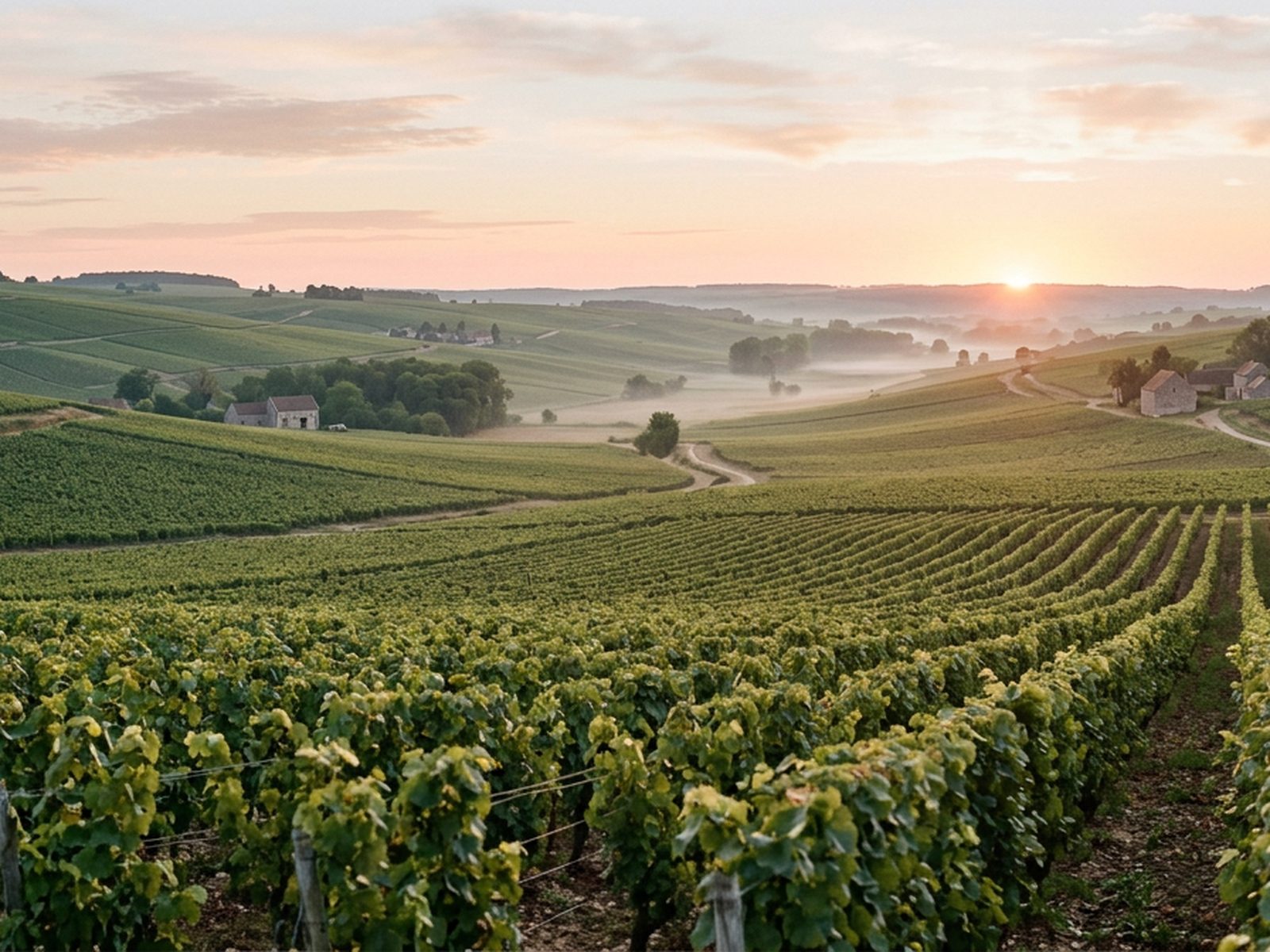 Aube : vignoble champenois vallonné et rangs de vigne au lever du soleil — illustration de la zone d'intervention de Travel-Insight