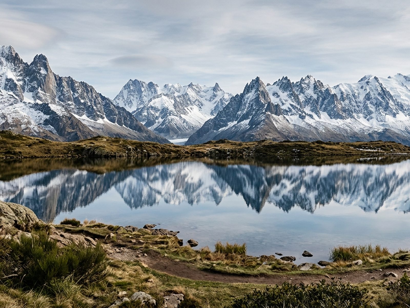 Auvergne-Rhône-Alpes : lac alpin miroir et sommets enneigés en arrière-plan — illustration de la zone d'intervention de Travel-Insight