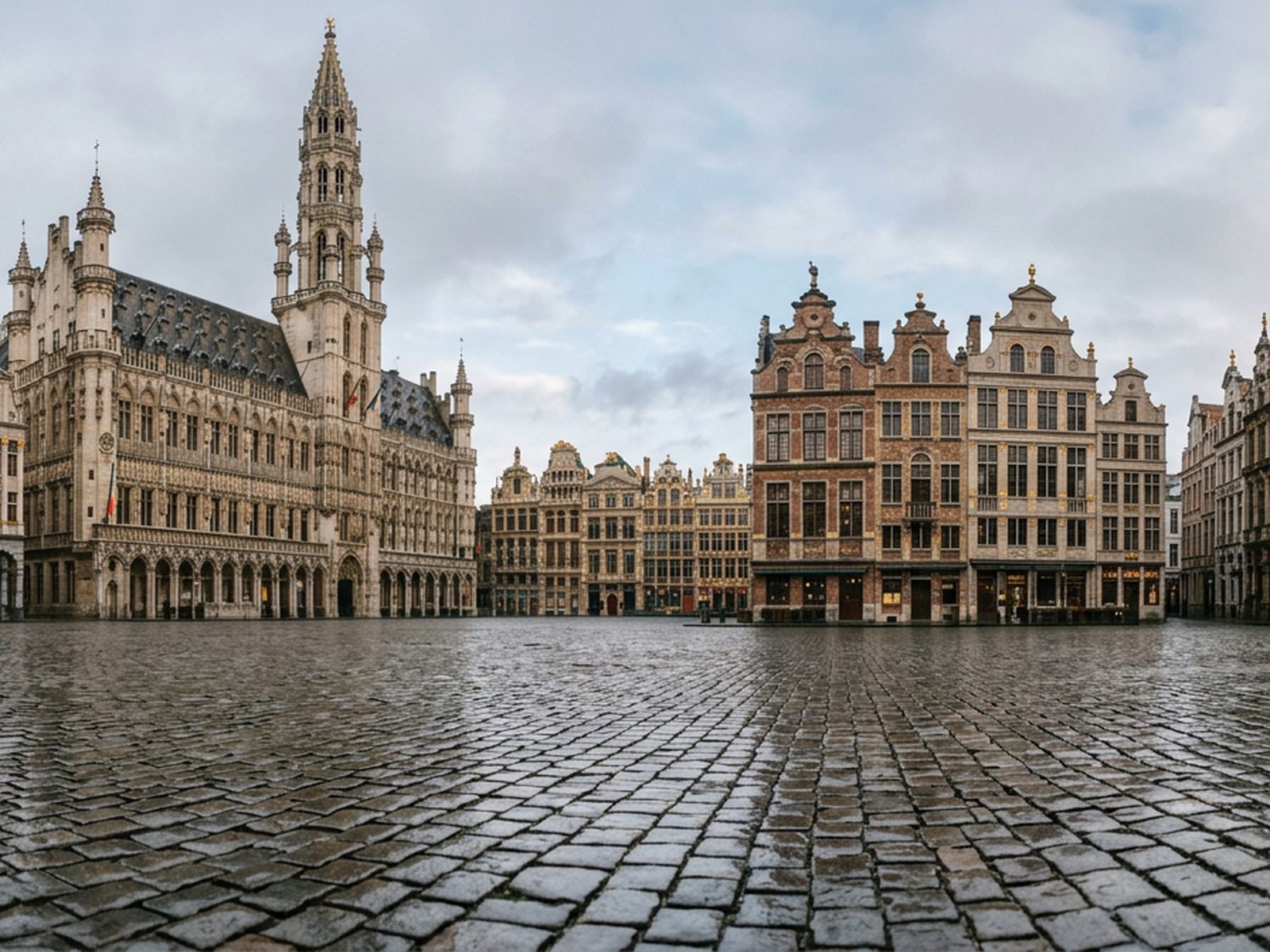 Belgique : grand-place flamande, façades à pignons et pavés luisants après la pluie — illustration de la zone d'intervention de Travel-Insight