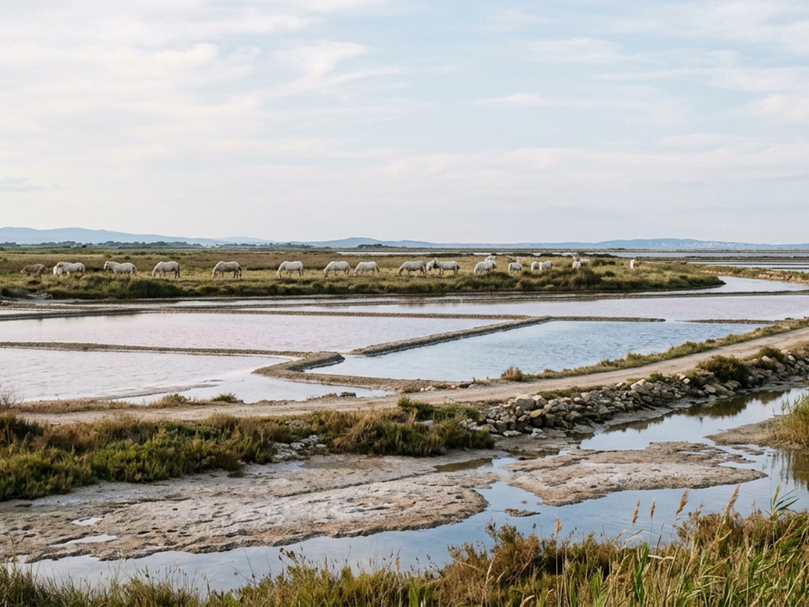 Bouches-du-Rhône : Camargue, marais salants et chevaux blancs au loin — illustration de la zone d'intervention de Travel-Insight
