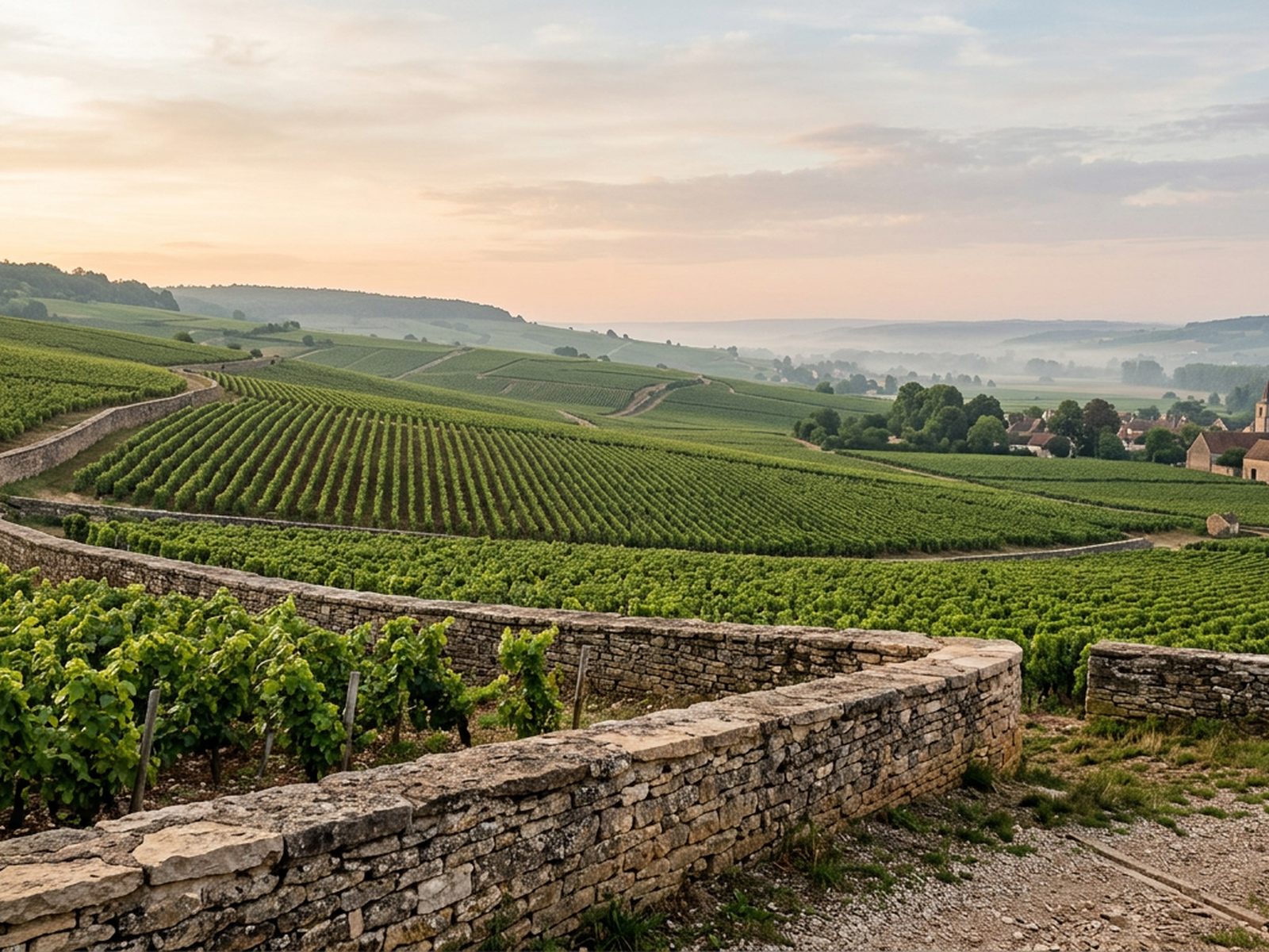 Bourgogne-Franche-Comté : coteaux de vignes bourguignons au lever du jour, murets de pierre — illustration de la zone d'intervention de Travel-Insight