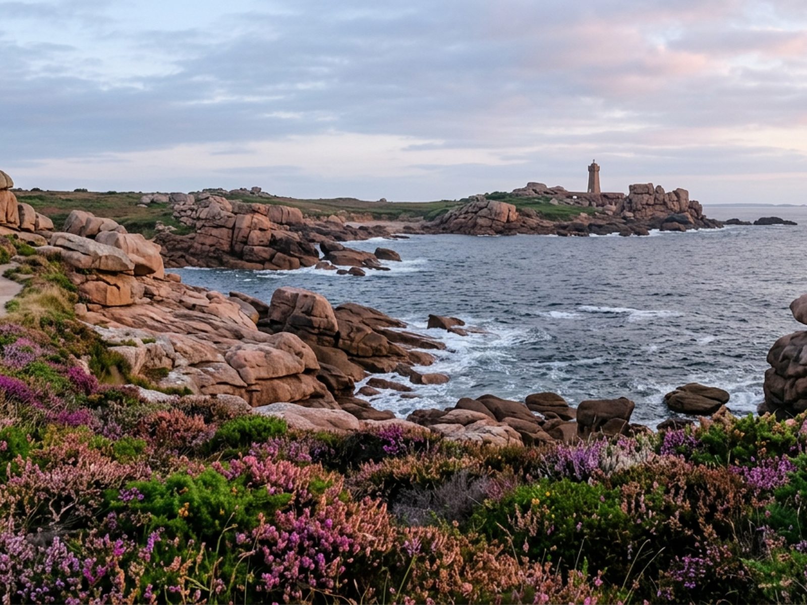 Bretagne : côte de granit rose bretonne au petit matin, phare au loin, lande et bruyère — illustration de la zone d'intervention de Travel-Insight