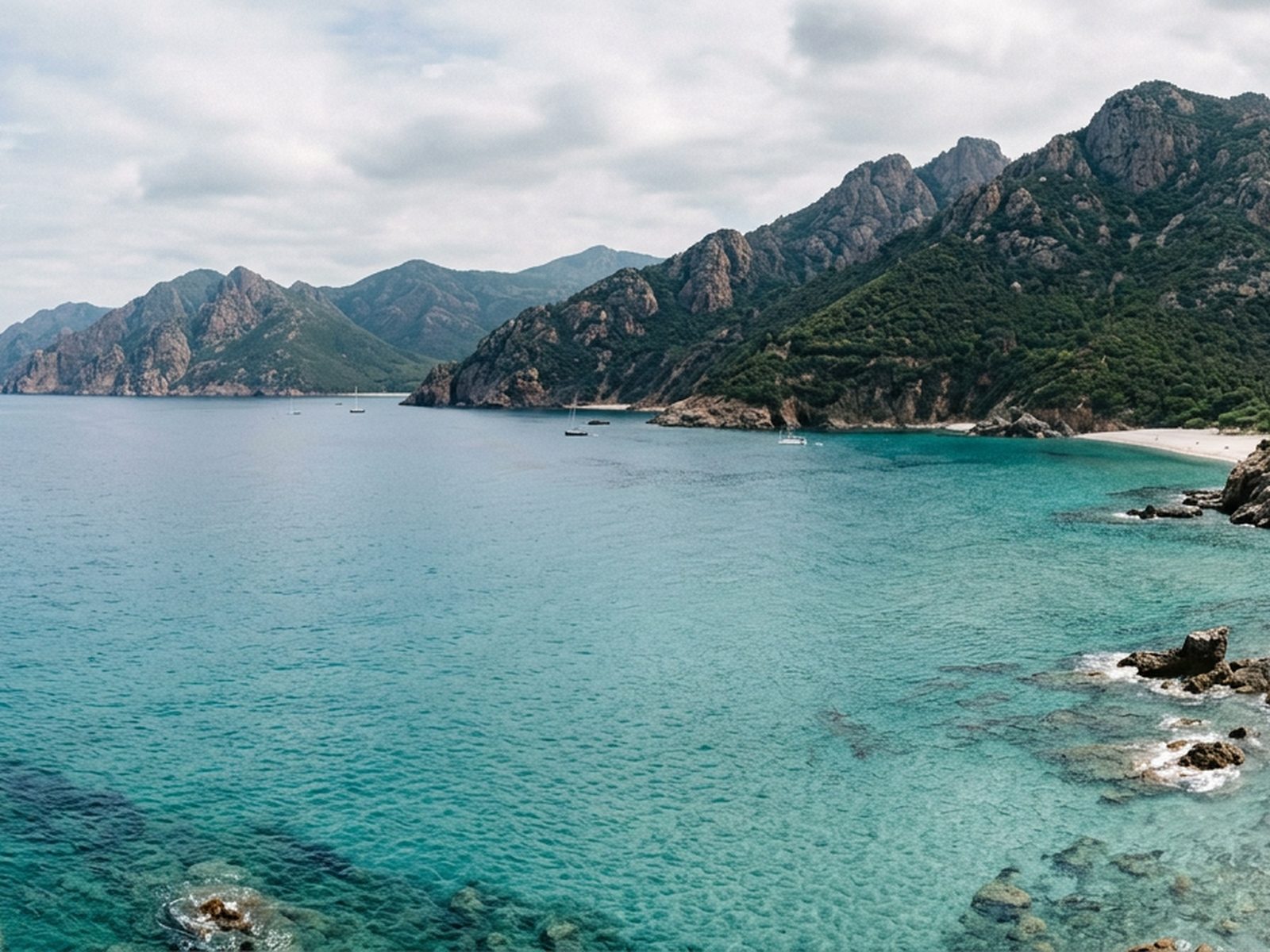 Corse : golfe corse aux eaux translucides, maquis et montagne plongeant dans la mer — illustration de la zone d'intervention de Travel-Insight
