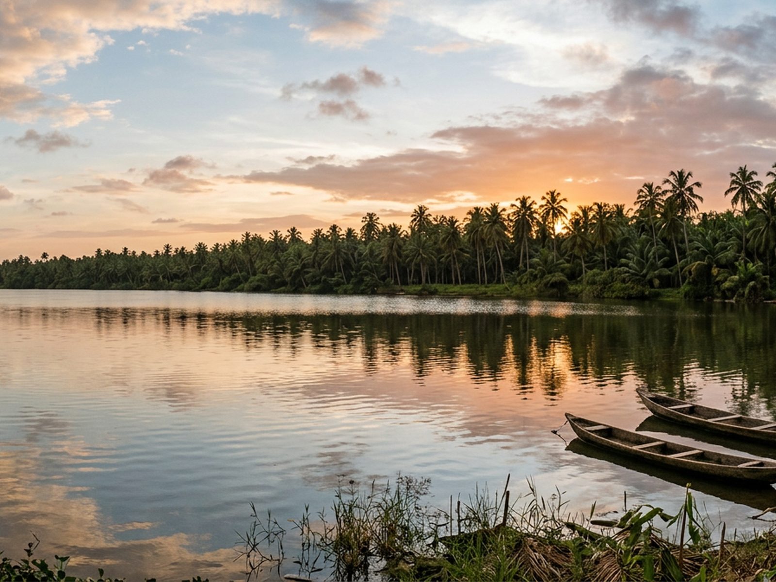 Côte d'Ivoire : lagune ivoirienne, palmeraie et ciel tropical en fin de journée — illustration de la zone d'intervention de Travel-Insight