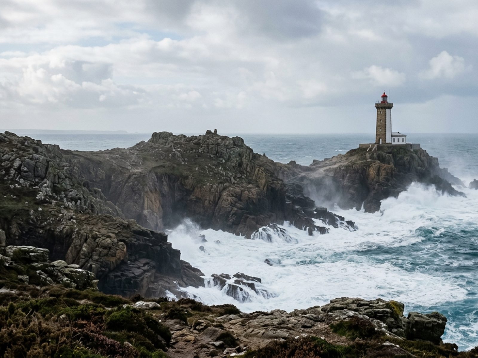 Finistère : pointe rocheuse finistérienne battue par l'écume, phare isolé — illustration de la zone d'intervention de Travel-Insight