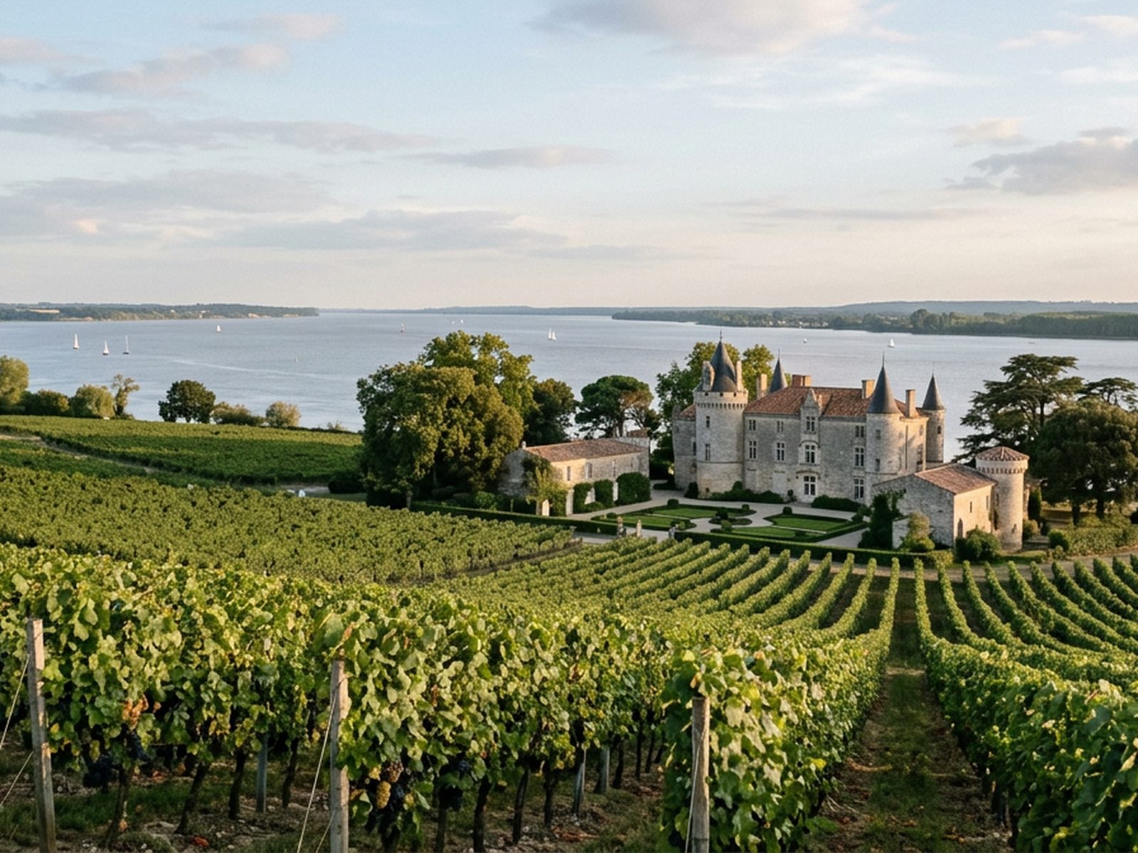 Gironde : estuaire girondin, château viticole et rangs de vigne — illustration de la zone d'intervention de Travel-Insight