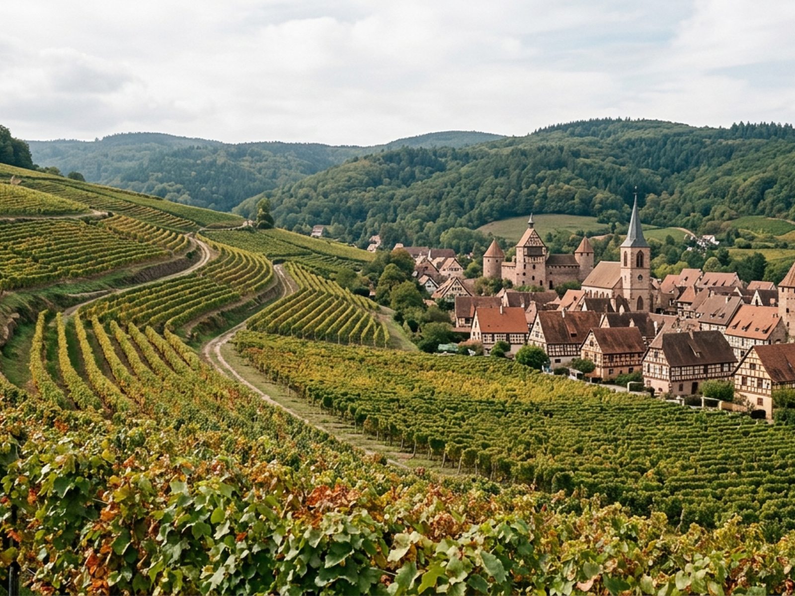 Grand Est : vignoble alsacien en coteau et village aux toits pentus — illustration de la zone d'intervention de Travel-Insight