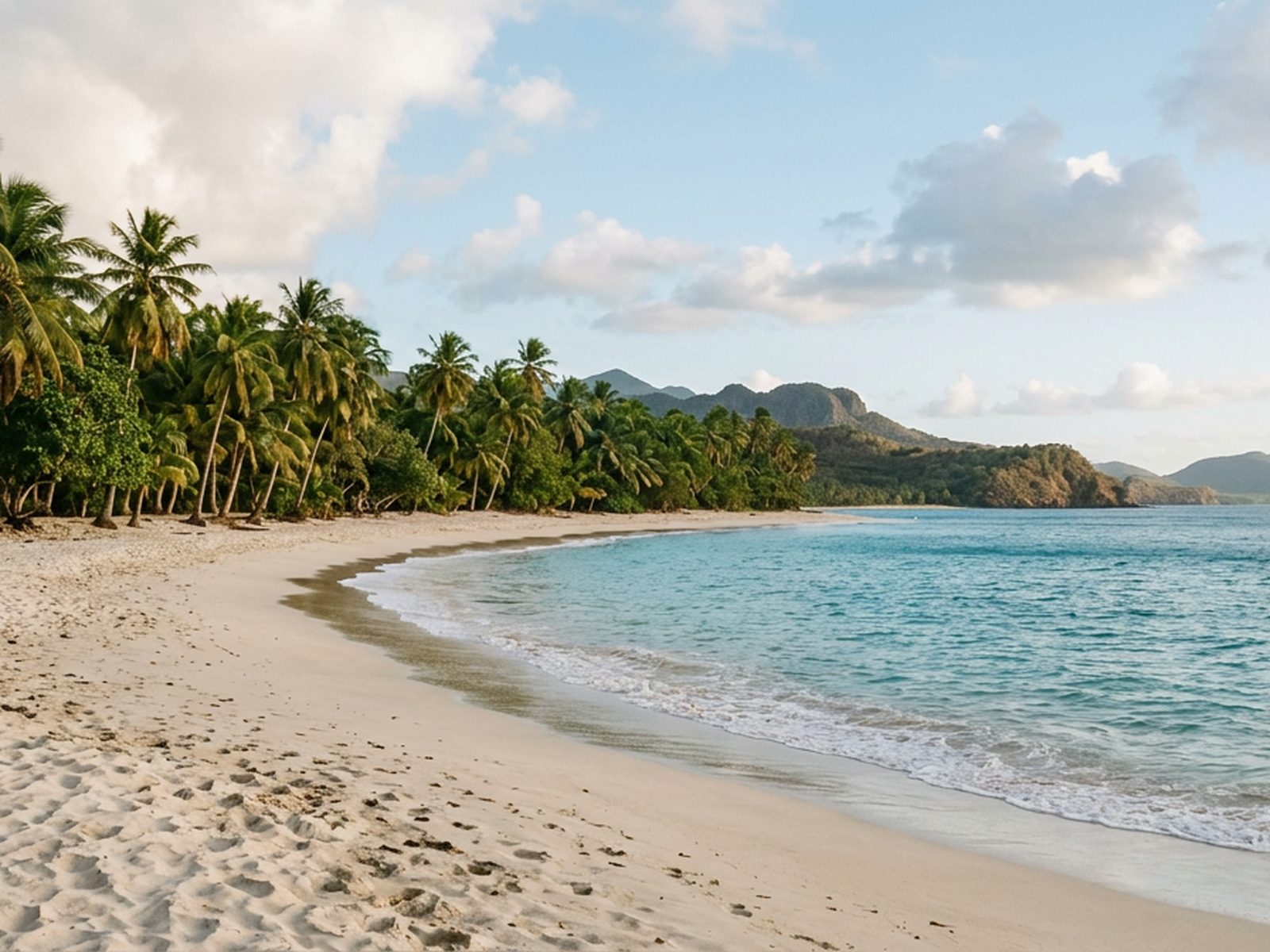 Guadeloupe : plage guadeloupéenne bordée de cocotiers et mer des Caraïbes — illustration de la zone d'intervention de Travel-Insight