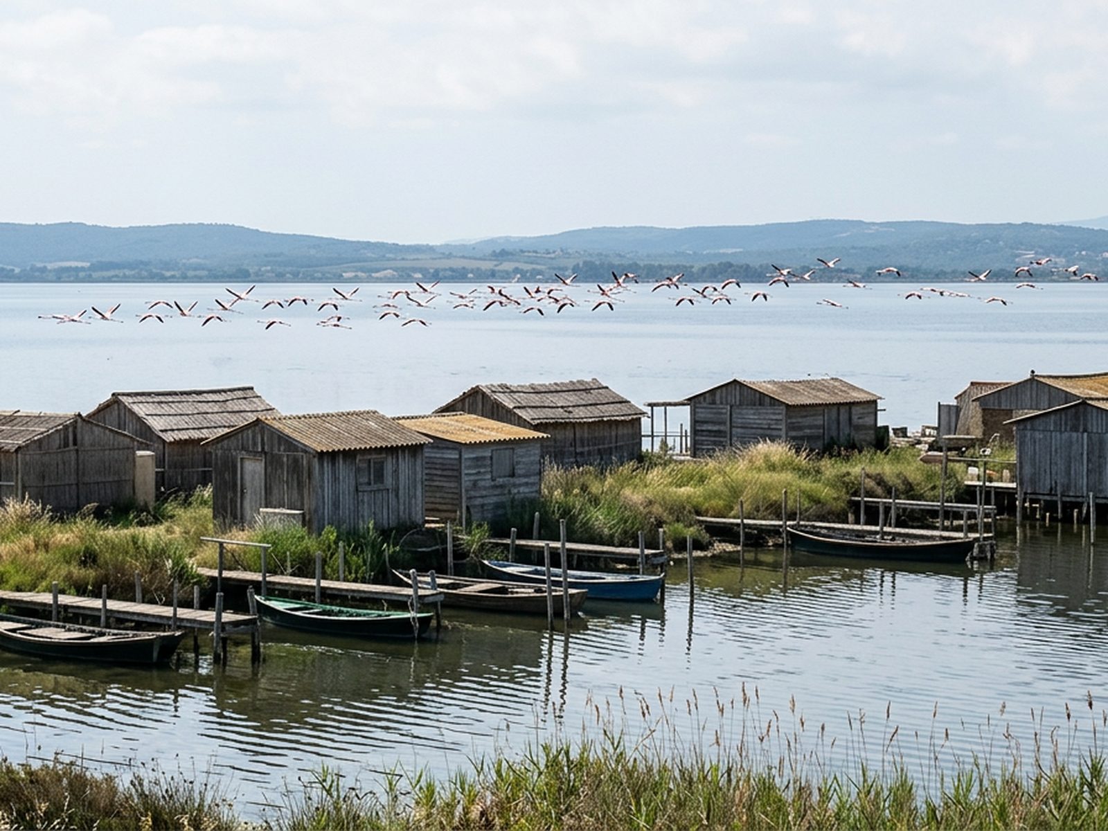 Hérault : étangs héraultais, cabanes de pêcheurs et vol de flamants au loin — illustration de la zone d'intervention de Travel-Insight