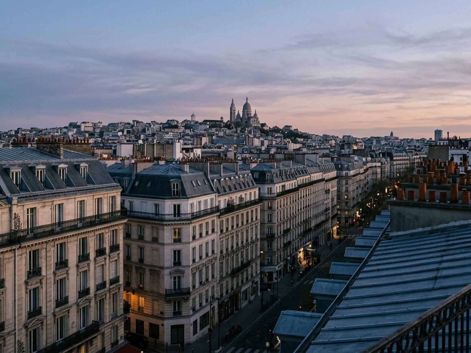 Île-de-France : perspective haussmannienne et toits de zinc parisiens au crépuscule — illustration de la zone d'intervention de Travel-Insight