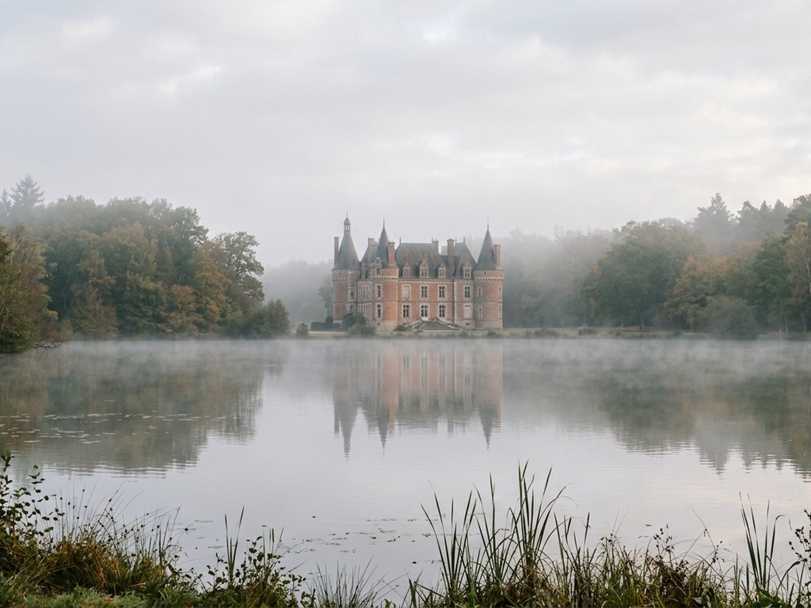 Loir-et-Cher : château solognot au bord d'un étang, forêt et brume matinale — illustration de la zone d'intervention de Travel-Insight