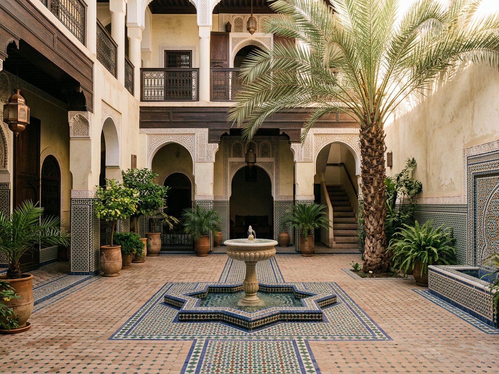 Maroc : cour de riad marocain, zelliges, palmier et lumière rasante — illustration de la zone d'intervention de Travel-Insight