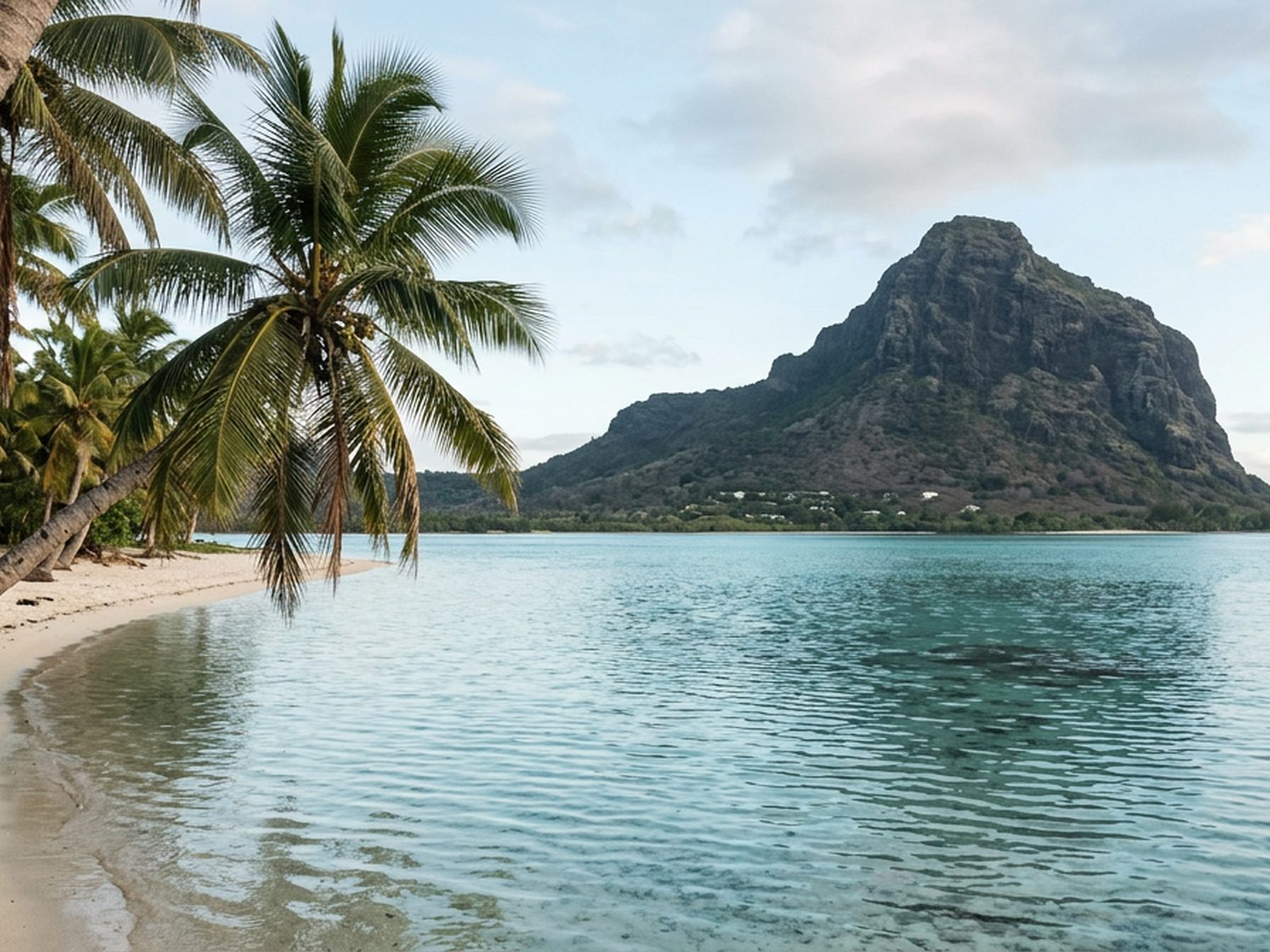Maurice : lagon mauricien, montagne basaltique et cocotiers penchés — illustration de la zone d'intervention de Travel-Insight