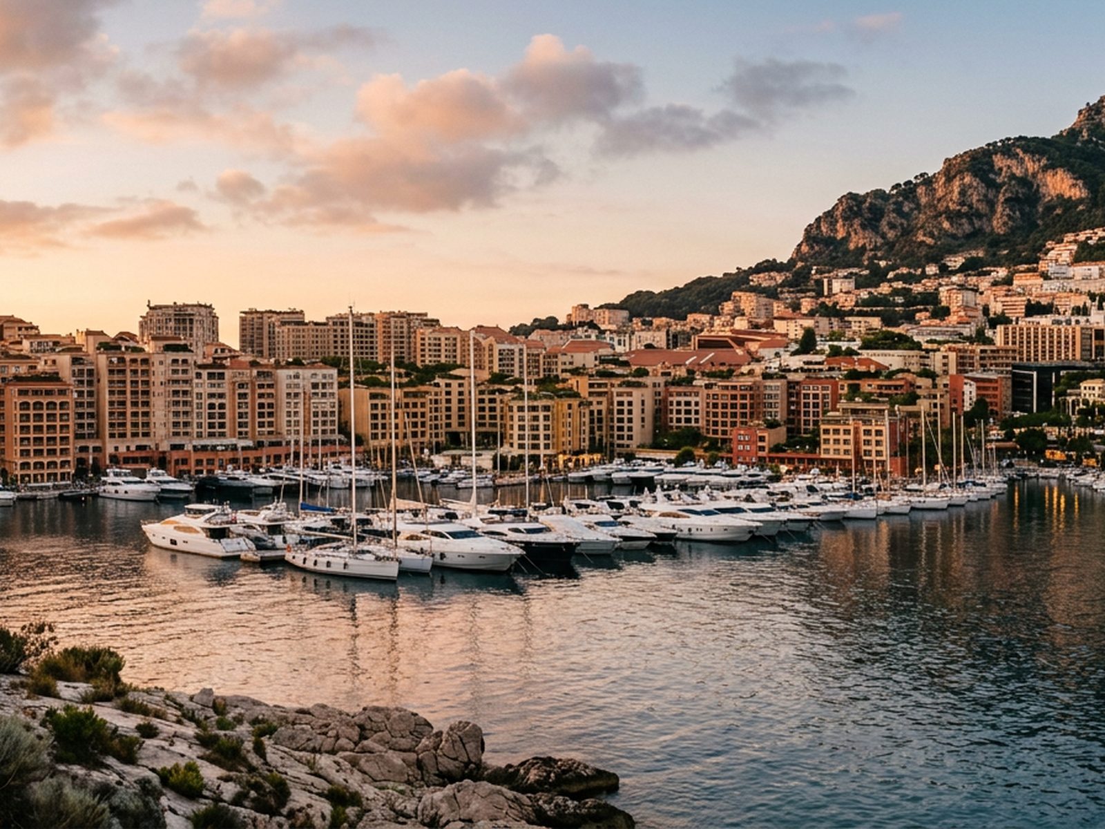 Monaco : port de plaisance méditerranéen, rochers et immeubles étagés au soleil couchant — illustration de la zone d'intervention de Travel-Insight