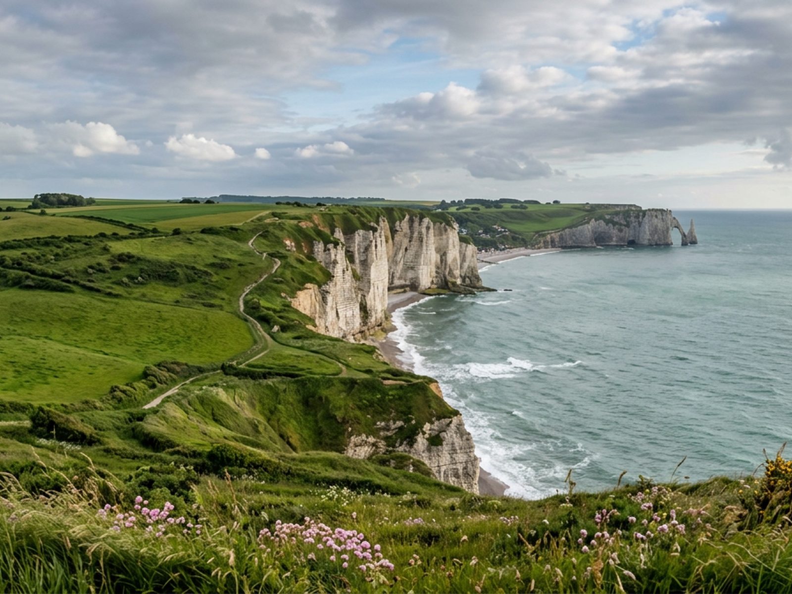 Normandie : falaises crayeuses normandes et prairies bocagères sous un ciel changeant — illustration de la zone d'intervention de Travel-Insight