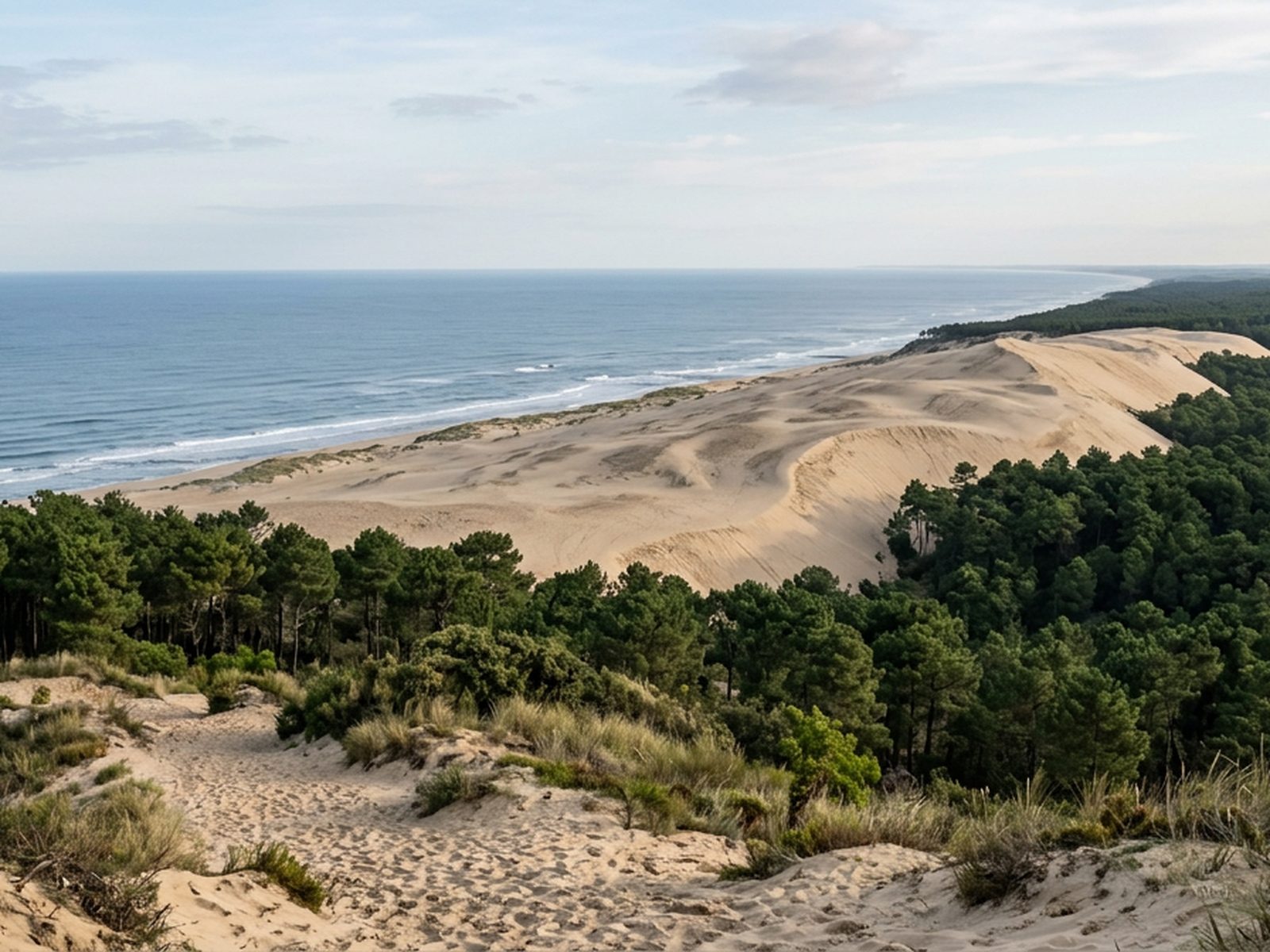 Nouvelle-Aquitaine : dune de sable landaise et forêt de pins face à l'Atlantique — illustration de la zone d'intervention de Travel-Insight
