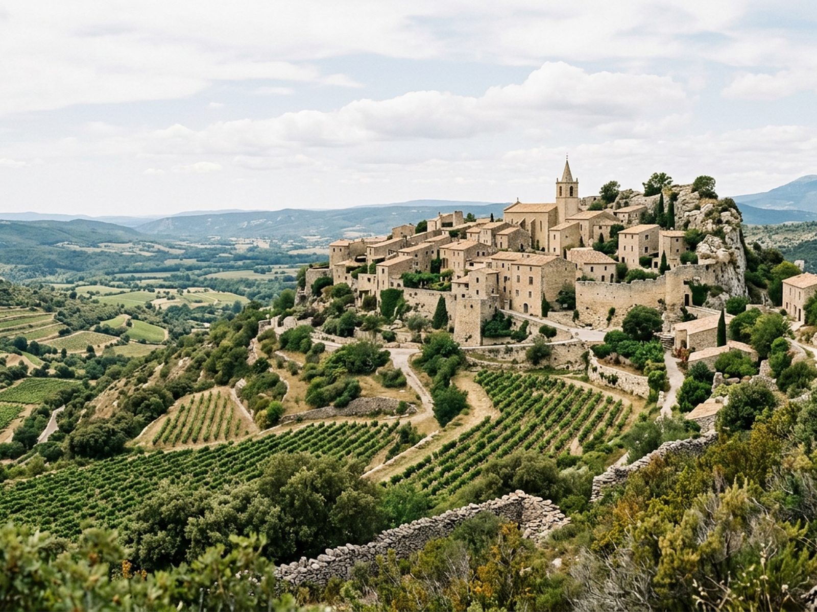 Occitanie : village perché occitan en pierre claire, vignes et garrigue en contrebas — illustration de la zone d'intervention de Travel-Insight