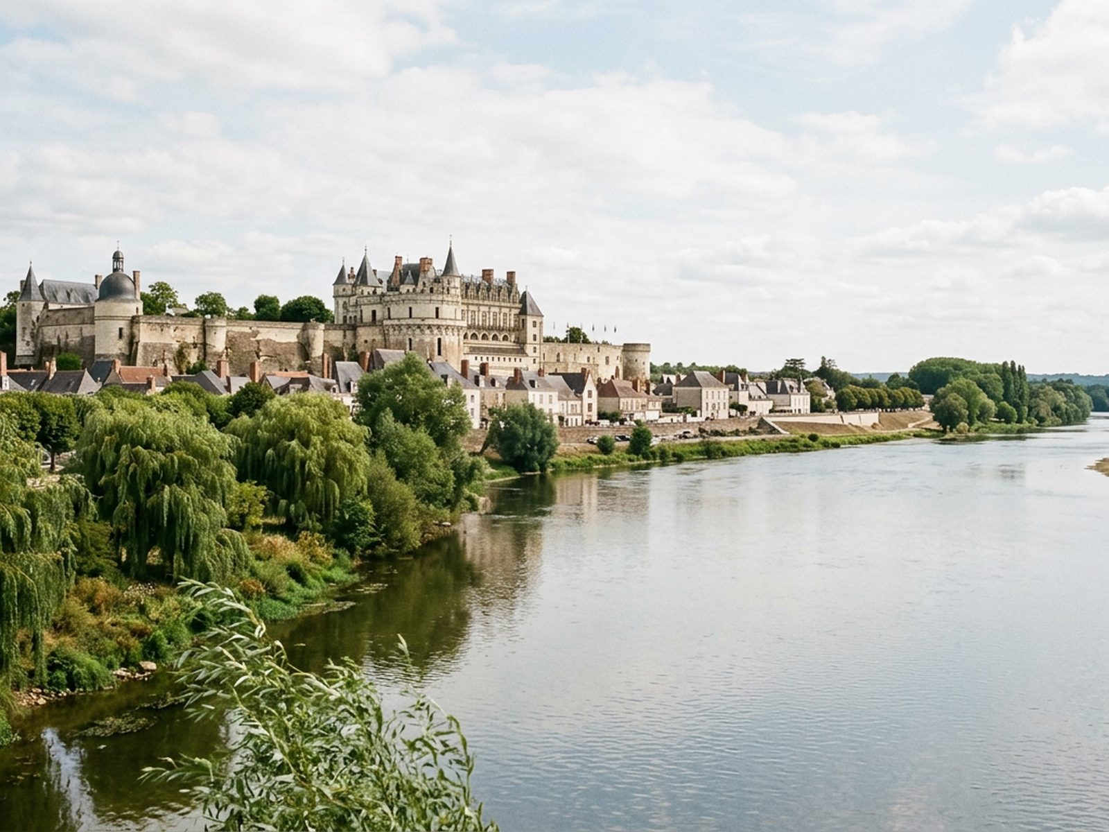 Pays de la Loire : château de la Loire vu depuis un fleuve calme bordé de saules — illustration de la zone d'intervention de Travel-Insight