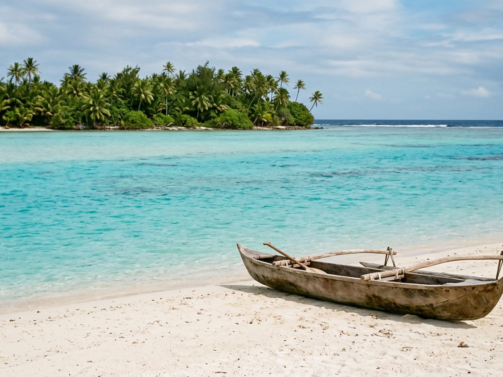 Polynésie française : lagon polynésien turquoise, motu et pirogue vide sur le sable — illustration de la zone d'intervention de Travel-Insight