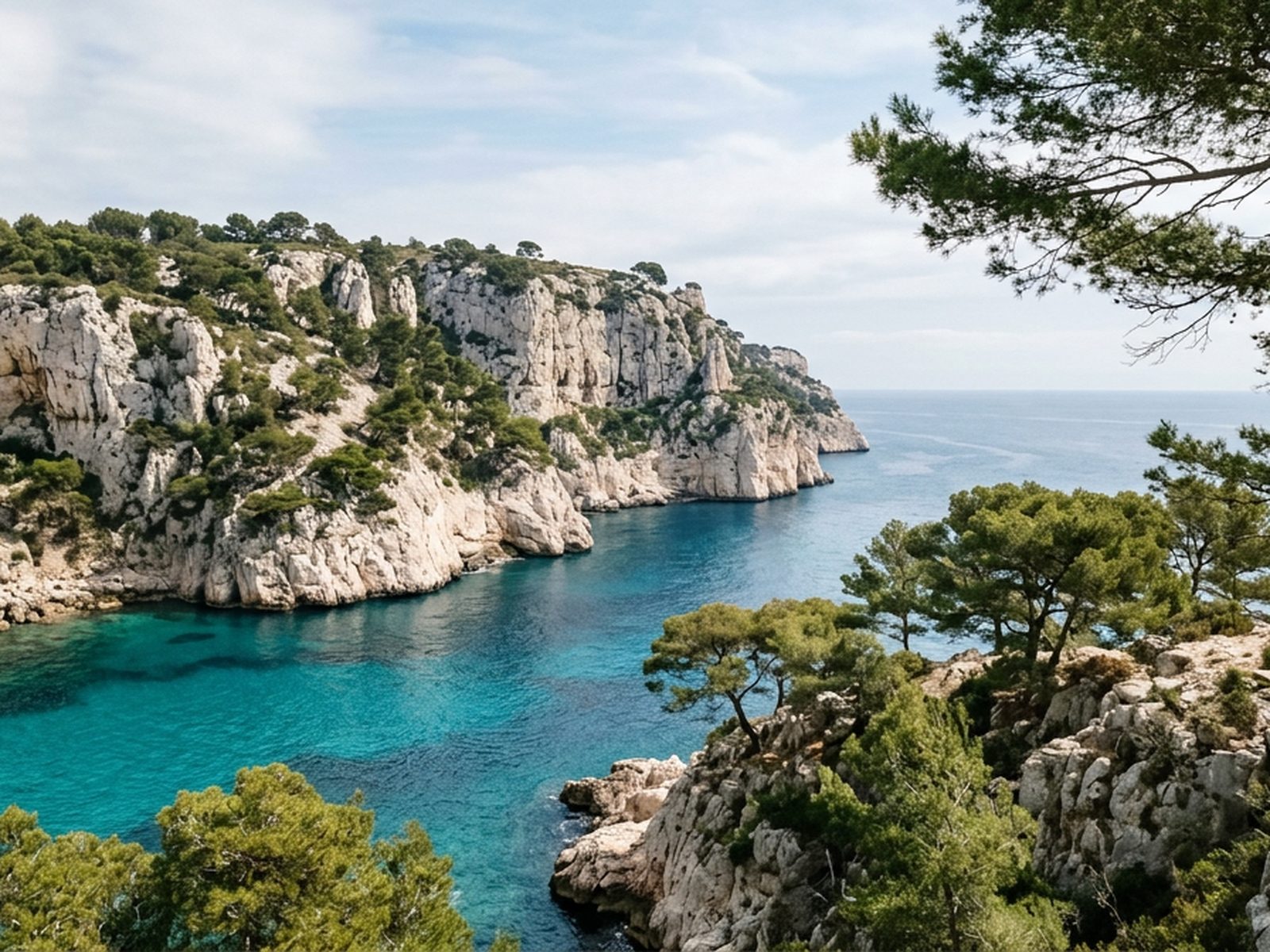 Provence-Alpes-Côte d'Azur : calanque provençale, pins parasols et mer turquoise — illustration de la zone d'intervention de Travel-Insight