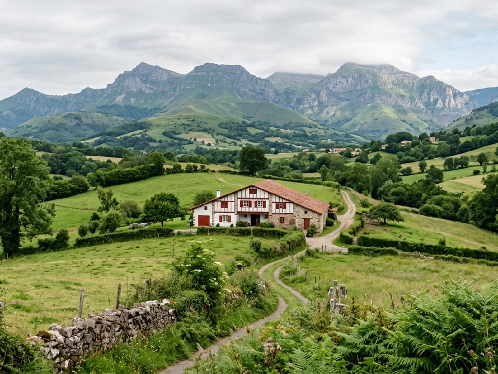 Pyrénées-Atlantiques : vallée basque verdoyante, ferme aux volets rouges et Pyrénées — illustration de la zone d'intervention de Travel-Insight