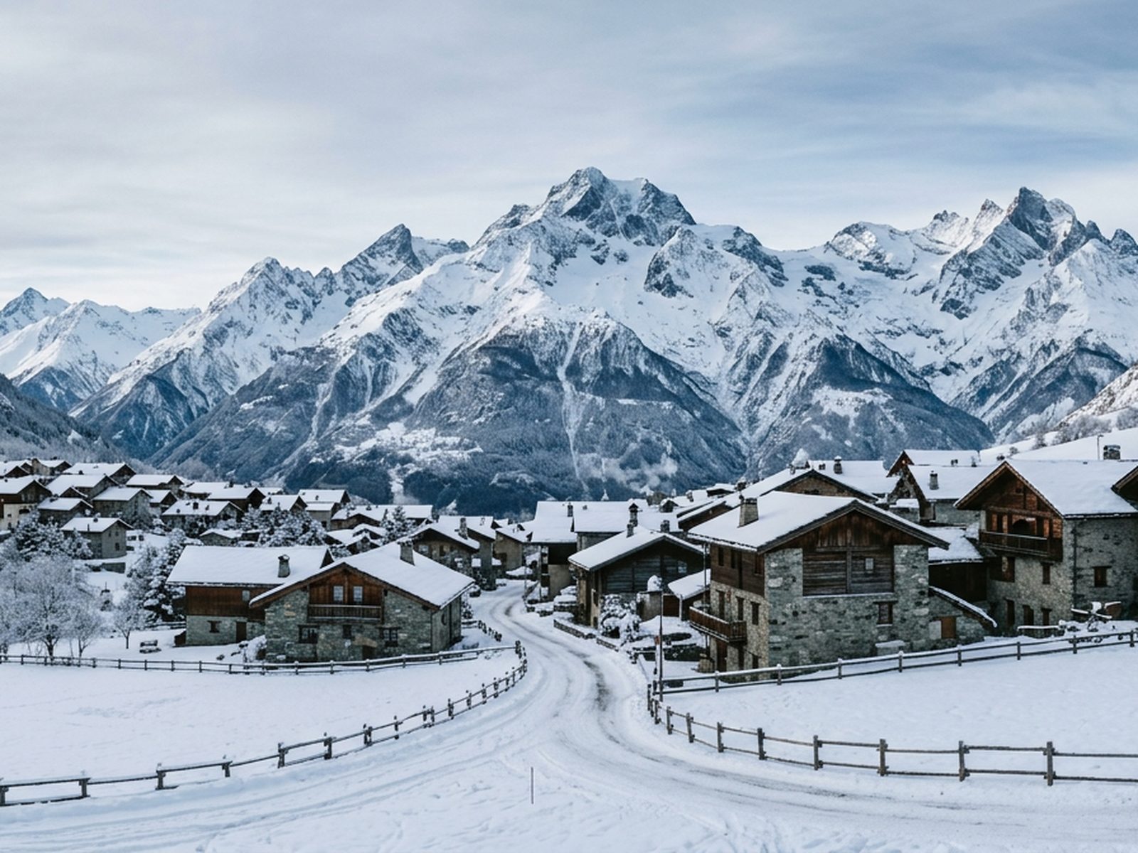 Savoie : village savoyard sous la neige et sommets alpins — illustration de la zone d'intervention de Travel-Insight