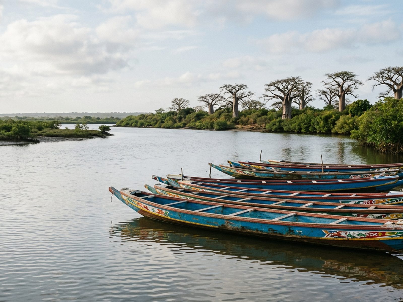 Sénégal : delta sénégalais, pirogues colorées et baobabs à l'horizon — illustration de la zone d'intervention de Travel-Insight