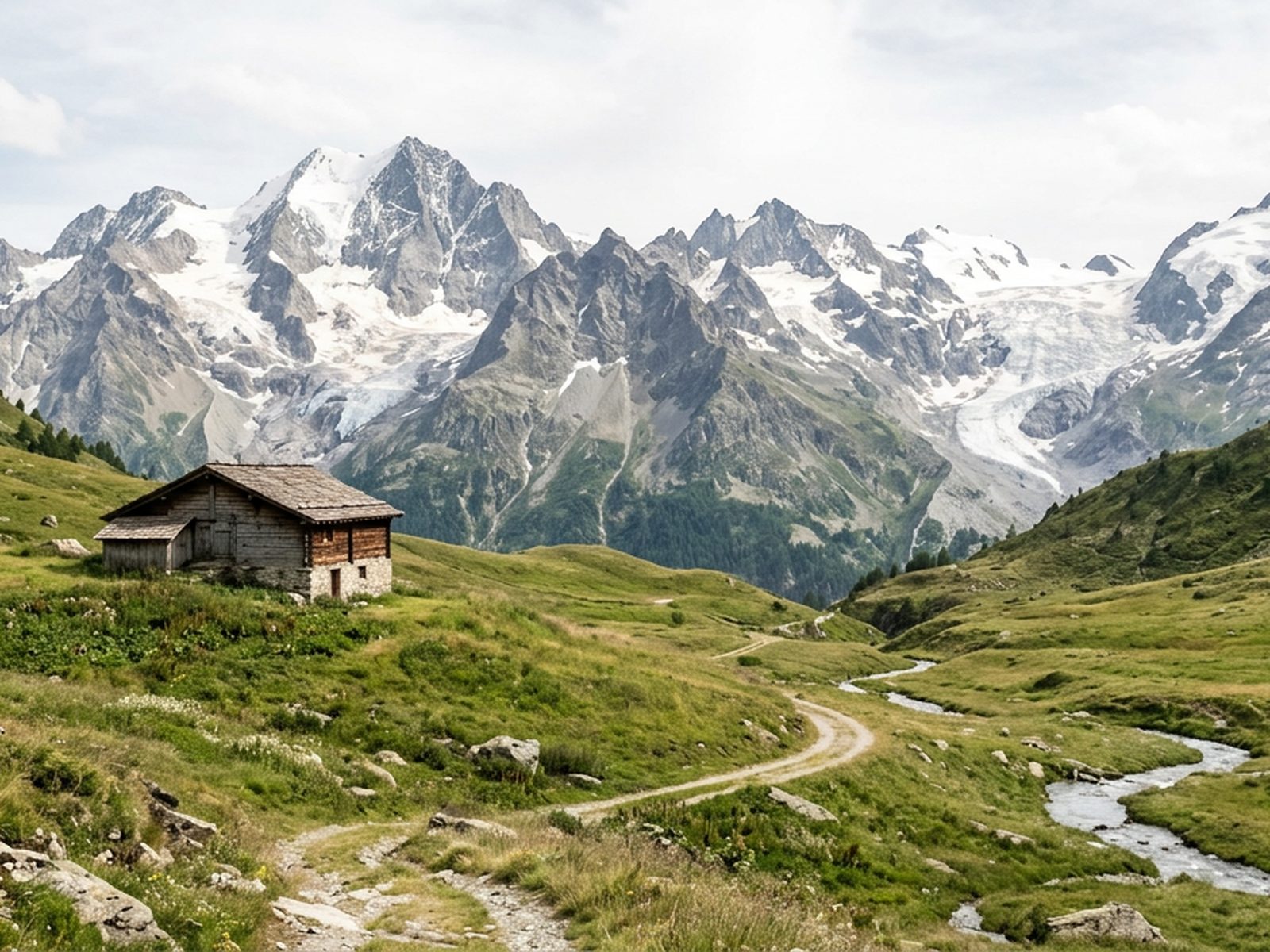 Suisse : vallée alpine suisse, chalet isolé et sommets glaciaires — illustration de la zone d'intervention de Travel-Insight