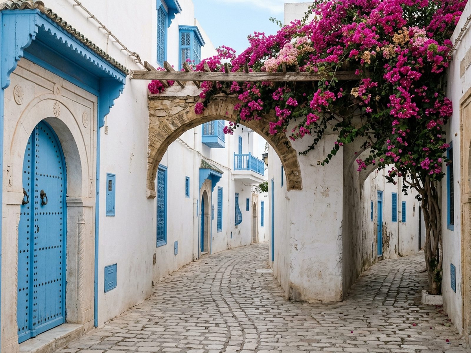 Tunisie : médina blanche et bleue tunisienne, ruelle voûtée et bougainvilliers — illustration de la zone d'intervention de Travel-Insight