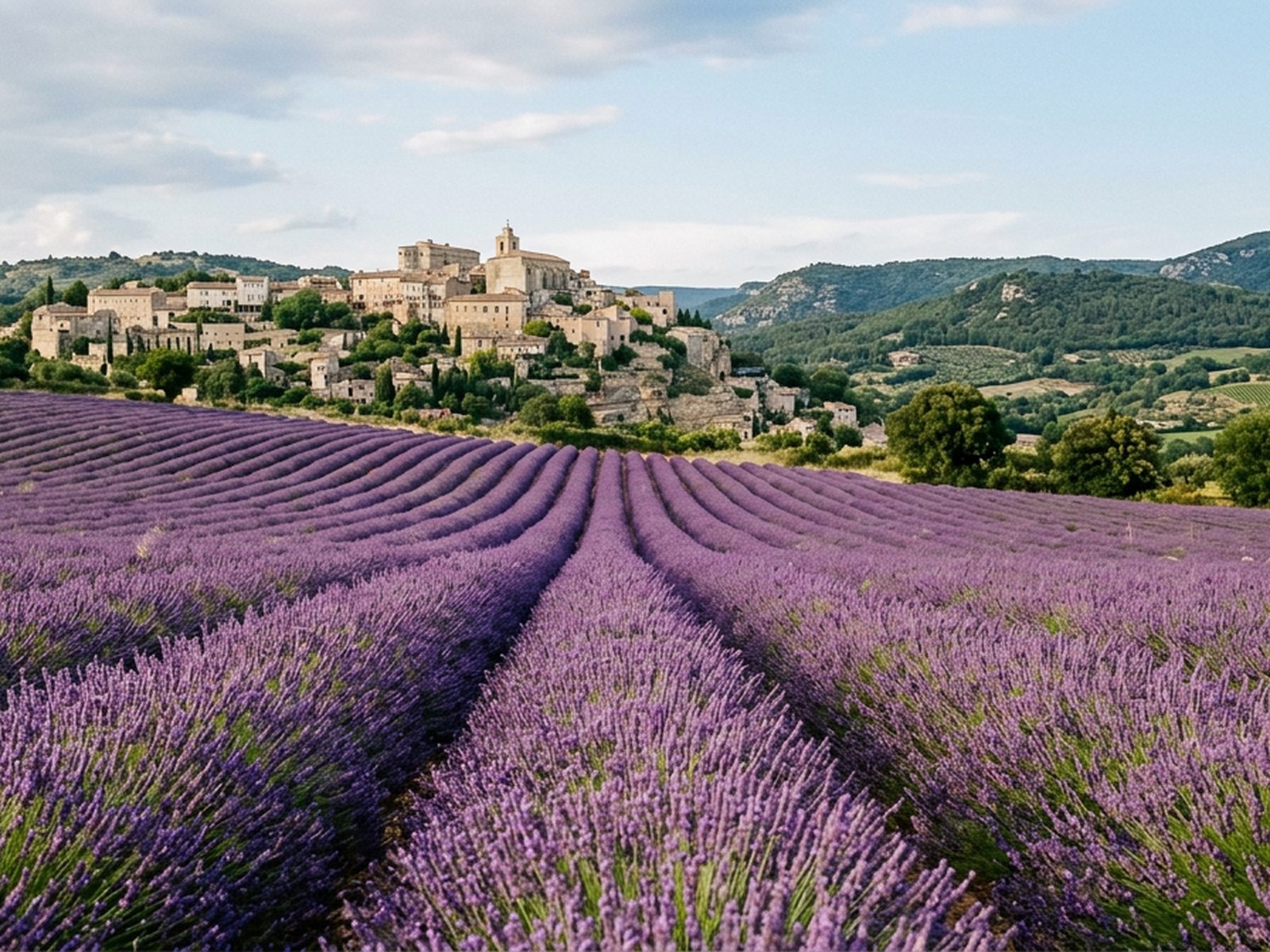 Vaucluse : champ de lavande du Vaucluse et village provençal en fond — illustration de la zone d'intervention de Travel-Insight